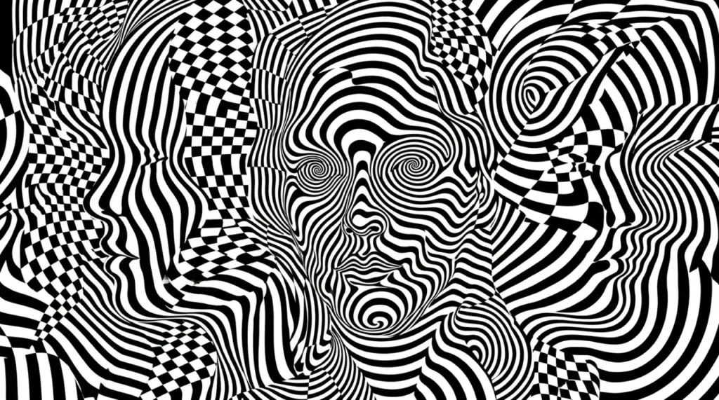 Optical illusion artwork of shifting shapes and faces, the kind used in picture riddles with answers