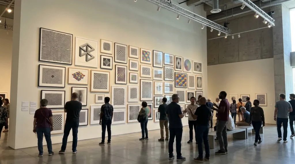 Gallery wall of framed optical illusion art, the grown-up world of picture riddles for adults