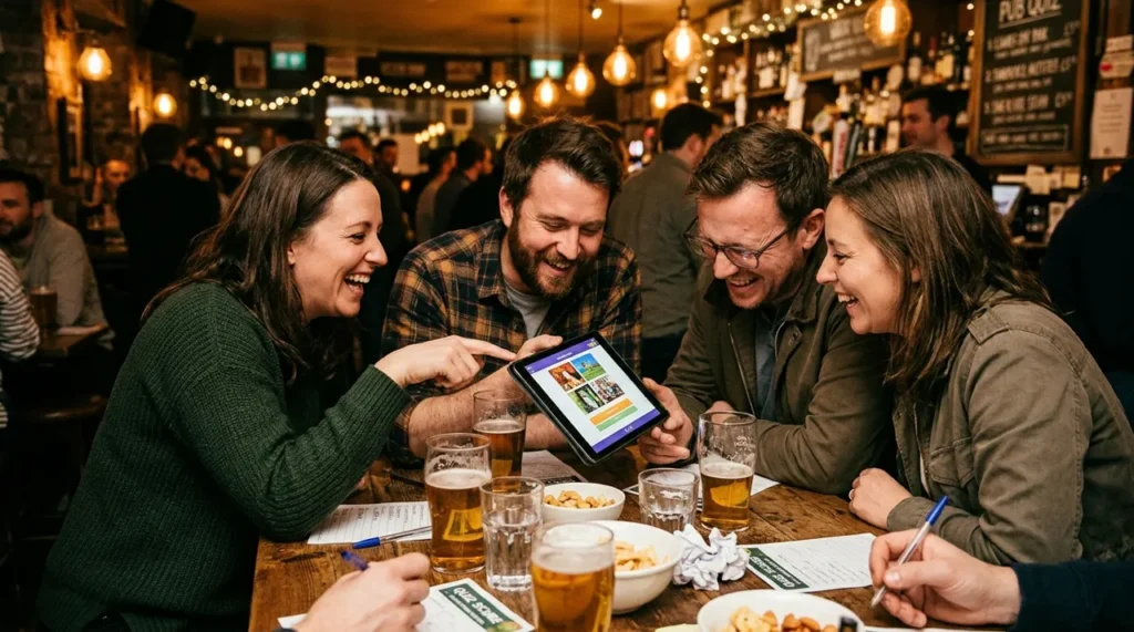Adults at a pub quiz studying a picture puzzle on a tablet, solving optical illusion riddles