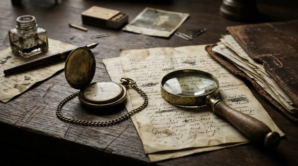Vintage pocket watch, magnifying glass and case notes on a desk, the tools of a classic detective like Poirot