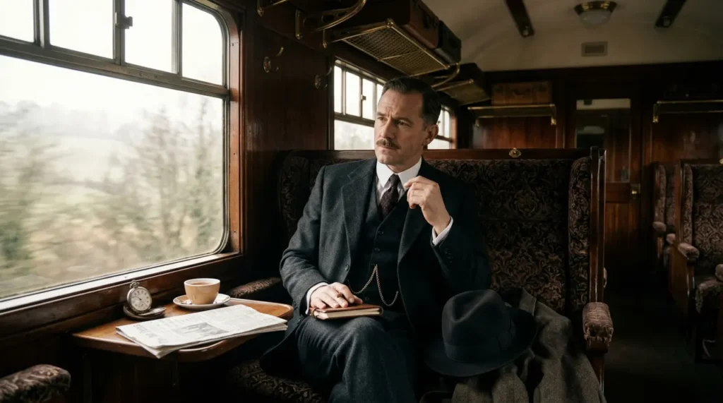 Elegant 1930s detective gentleman with a neat moustache in a vintage train carriage, in the style of Poirot