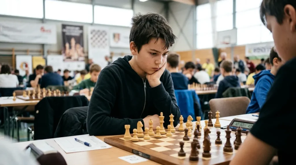 Young chess player thinking deeply over a board, an example of a child prodigy