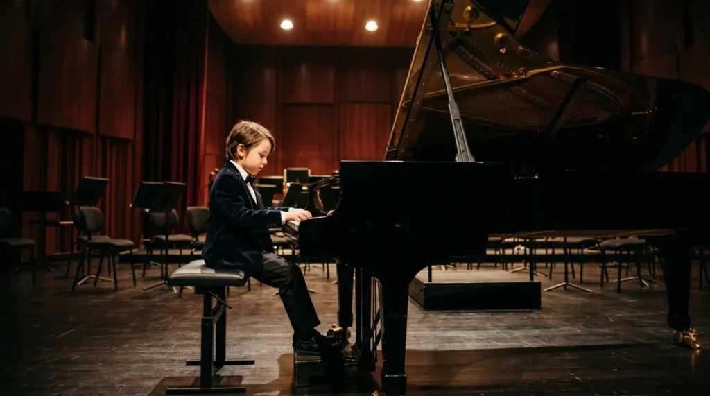Young child playing a grand piano in concert dress, a classic music prodigy