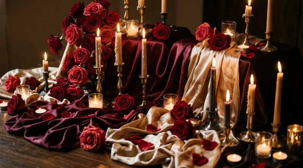 Romantic candles, roses and silk fabric in warm light, setting the mood for passion and desire riddles