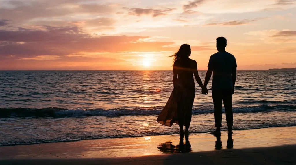 Silhouette of a couple holding hands at sunset, a tasteful picture of intimacy and connection