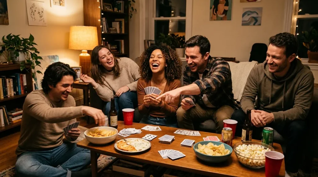 Friends laughing over a cheeky card game at a party, the natural home of party spicy riddles