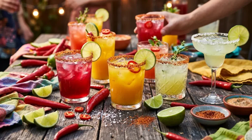 Red chili peppers, lime and party drinks on a table, setting the scene for playful spicy riddles