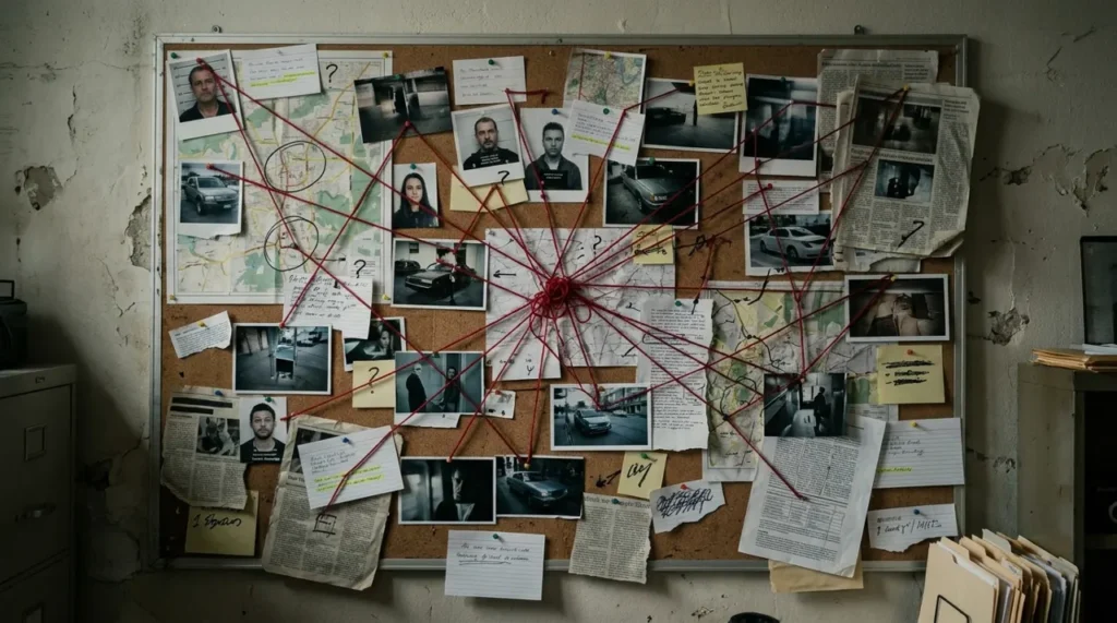 Evidence board with photos and red string connecting suspects in a locked room mystery