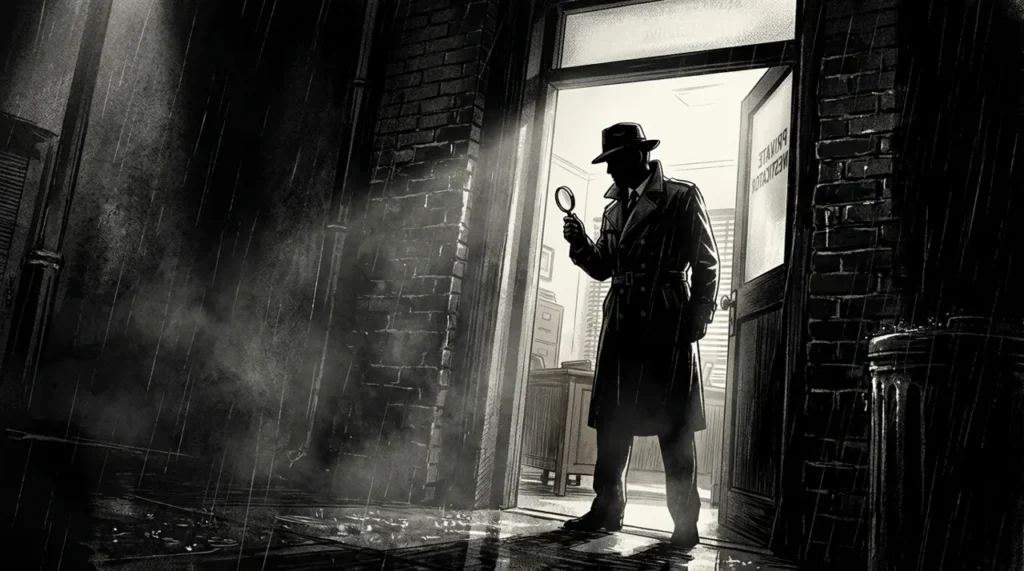 Detective silhouette with a magnifying glass in a doorway, the hero of who done it puzzles