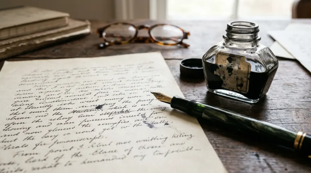 Fountain pen and ink bottle beside a handwritten manuscript page, the soul of writing riddles