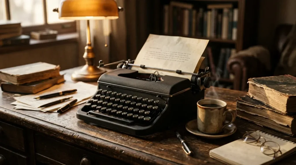 Vintage typewriter with a page of story text and a coffee cup, made for story and book riddles