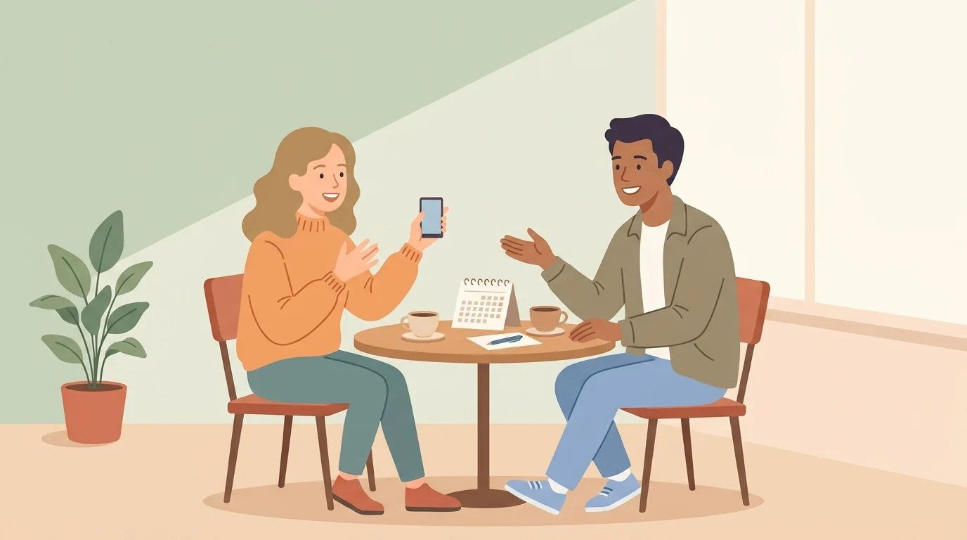 Two friends chatting at a café table, illustrating what's the move